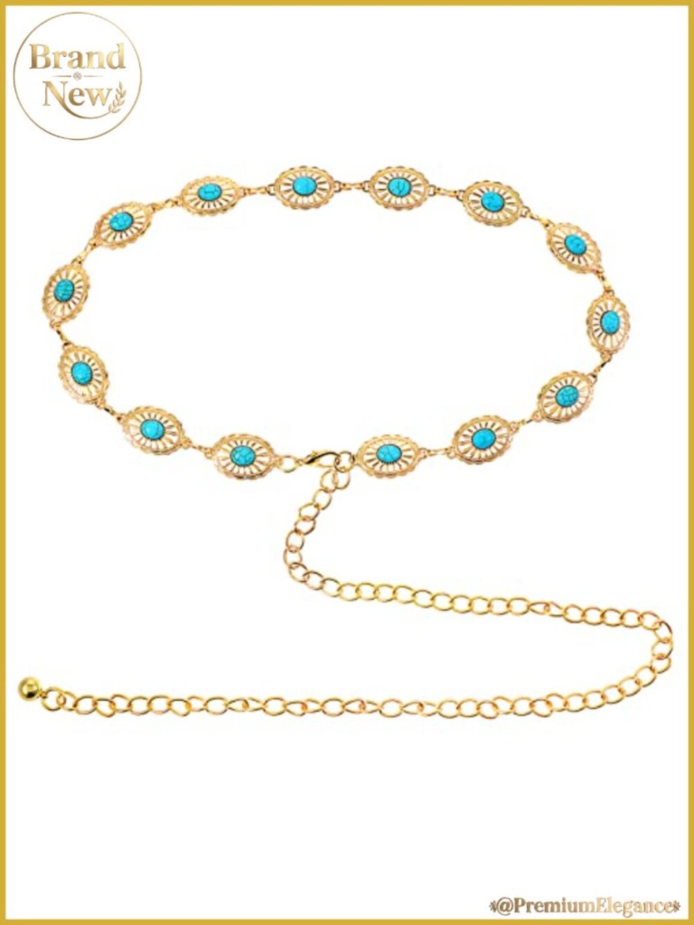 Turquoise Concho Chain Waist Belt Adjustable Metal Western Cowgirl Belt Buckle